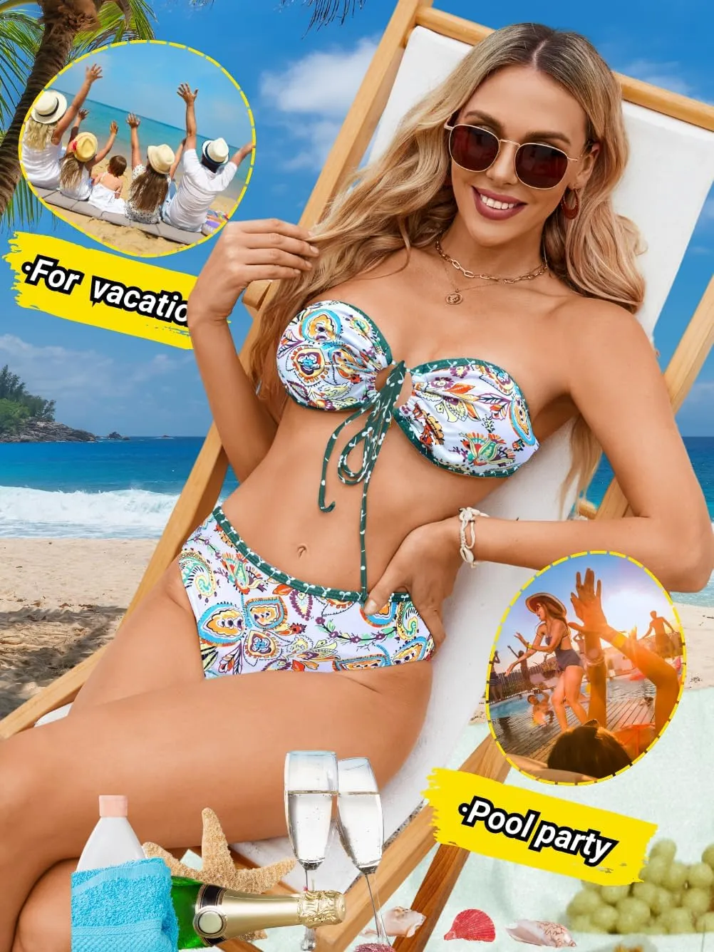 O-Ring Tie-Front Bandeau Bikini Sets for Women,Shell Ruched Top&Mid-Rise Bottom Boho Two Piece