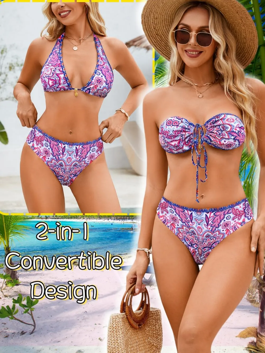O-Ring Tie-Front Bandeau Bikini Sets for Women,Shell Ruched Top&Mid-Rise Bottom Boho Two Piece