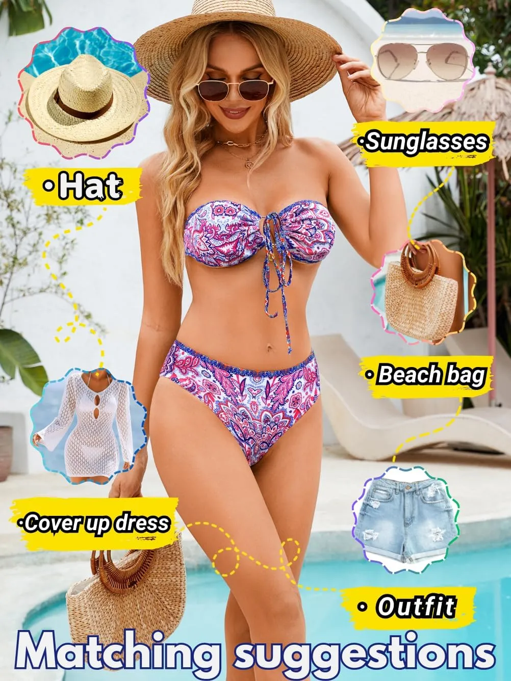 O-Ring Tie-Front Bandeau Bikini Sets for Women,Shell Ruched Top&Mid-Rise Bottom Boho Two Piece
