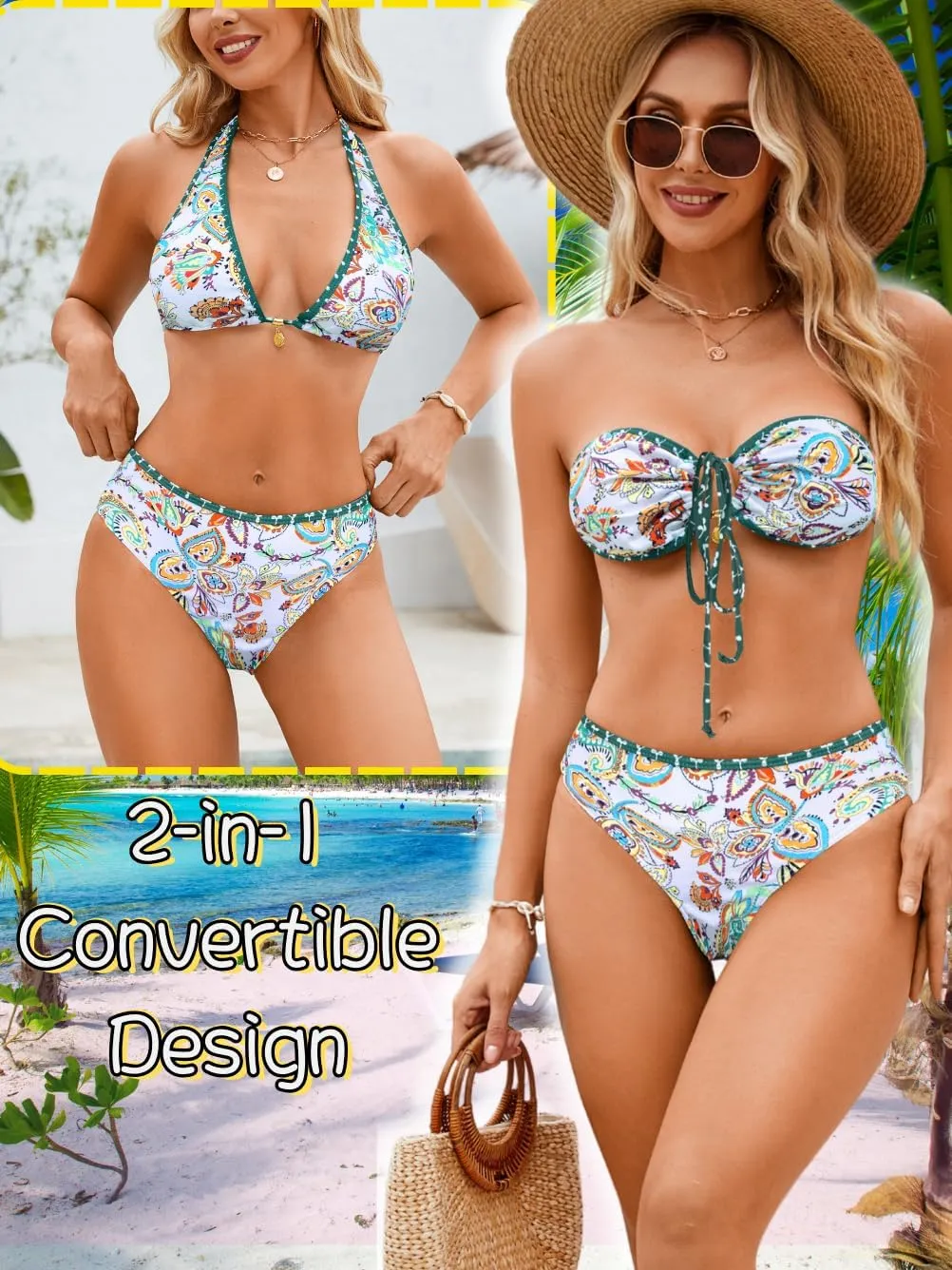 O-Ring Tie-Front Bandeau Bikini Sets for Women,Shell Ruched Top&Mid-Rise Bottom Boho Two Piece
