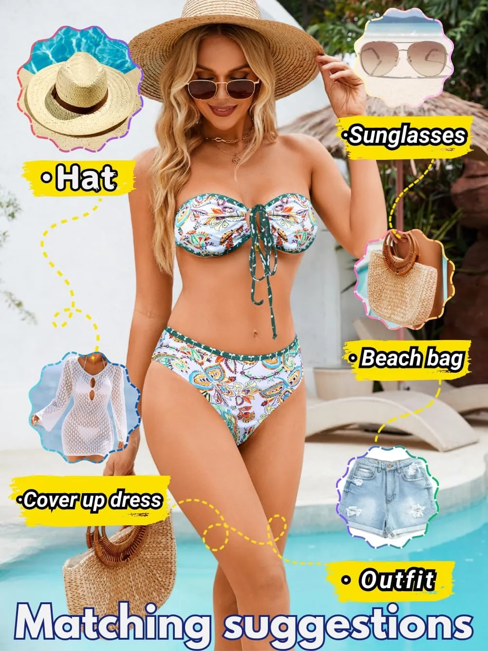 O-Ring Tie-Front Bandeau Bikini Sets for Women,Shell Ruched Top&Mid-Rise Bottom Boho Two Piece