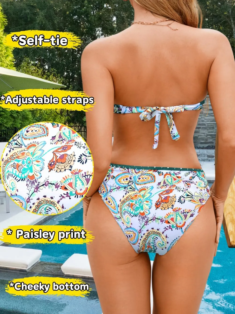O-Ring Tie-Front Bandeau Bikini Sets for Women,Shell Ruched Top&Mid-Rise Bottom Boho Two Piece