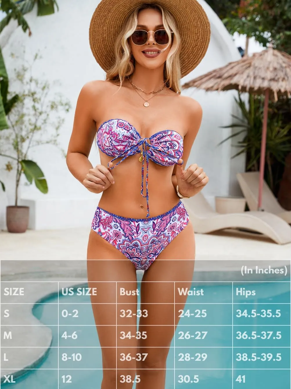 O-Ring Tie-Front Bandeau Bikini Sets for Women,Shell Ruched Top&Mid-Rise Bottom Boho Two Piece