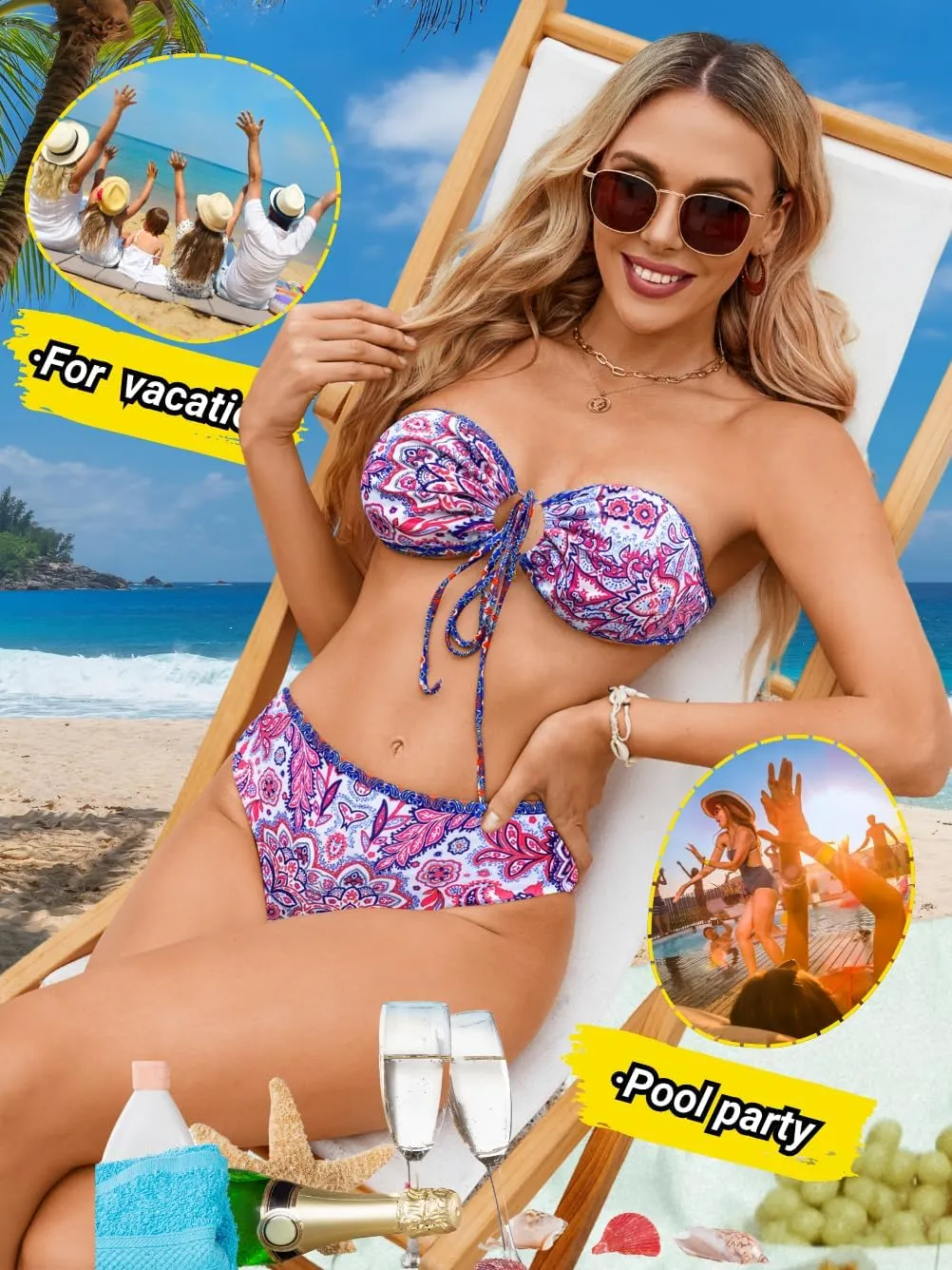 O-Ring Tie-Front Bandeau Bikini Sets for Women,Shell Ruched Top&Mid-Rise Bottom Boho Two Piece