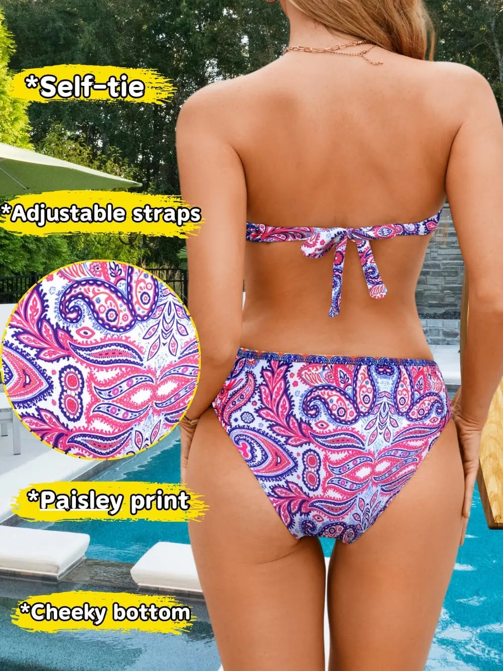 O-Ring Tie-Front Bandeau Bikini Sets for Women,Shell Ruched Top&Mid-Rise Bottom Boho Two Piece