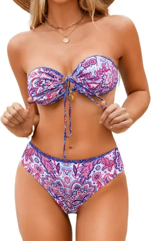O-Ring Tie-Front Bandeau Bikini Sets for Women,Shell Ruched Top&Mid-Rise Bottom Boho Two Piece