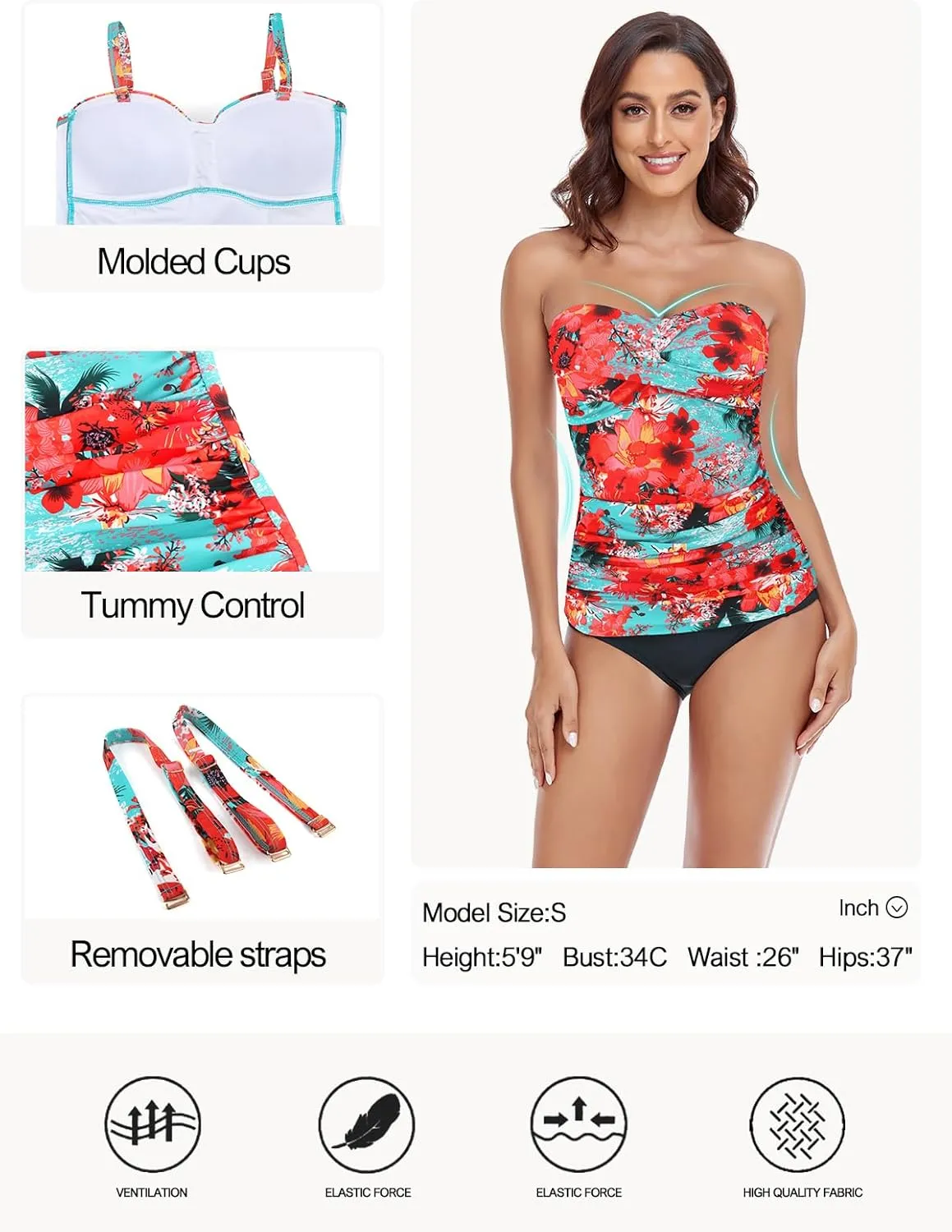 Ocean Blues Women's Strapless Bandeau Swimsuit Top Ruched Tummy Control Tankini Top Only