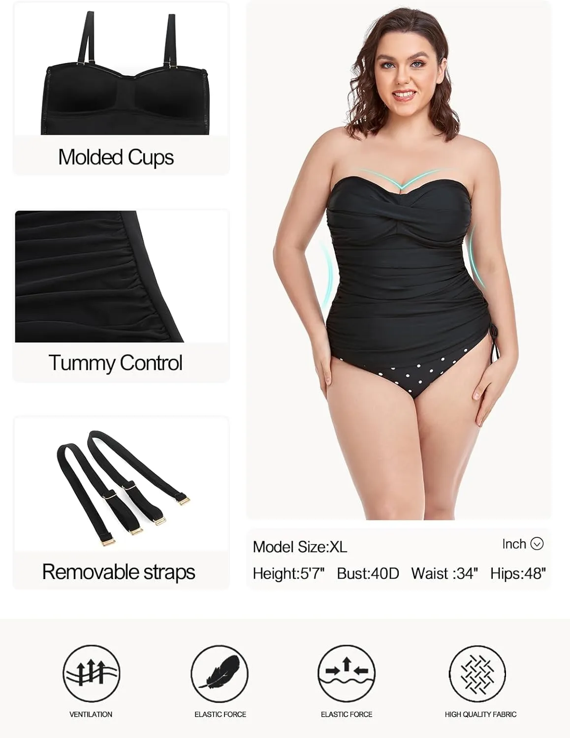 Ocean Blues Women's Strapless Bandeau Swimsuit Top Ruched Tummy Control Tankini Top Only