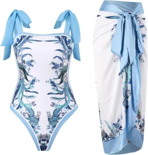 One Piece Bathing Suit for Women with Beach Cover up Wrap Skirt Swimsuit Sarong Retro Floral Print Bikini Set