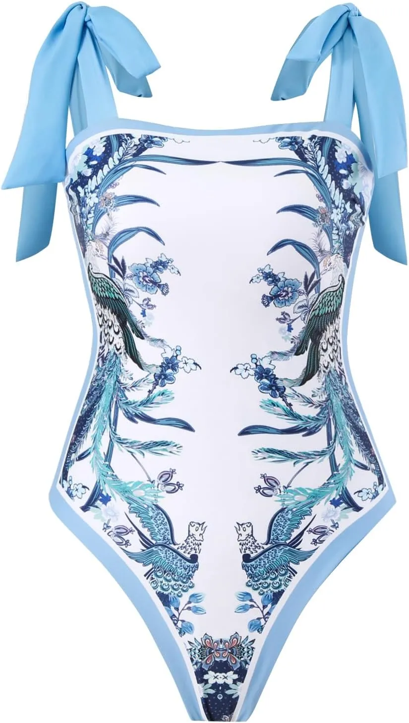 One Piece Bathing Suit for Women with Beach Cover up Wrap Skirt Swimsuit Sarong Retro Floral Print Bikini Set