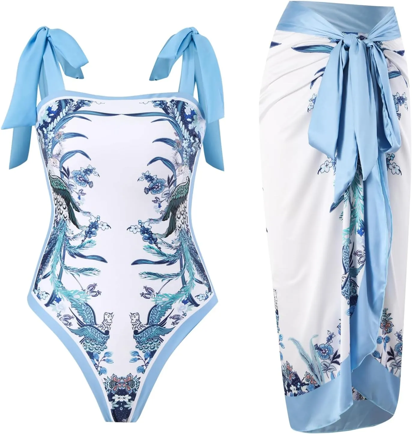 One Piece Bathing Suit for Women with Beach Cover up Wrap Skirt Swimsuit Sarong Retro Floral Print Bikini Set