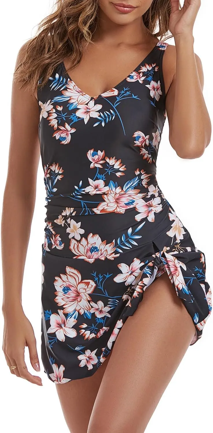 One Piece Swim Dress Swimsuits for Women Tummy Control Swimdress Skirt V Neck Bathing Suit