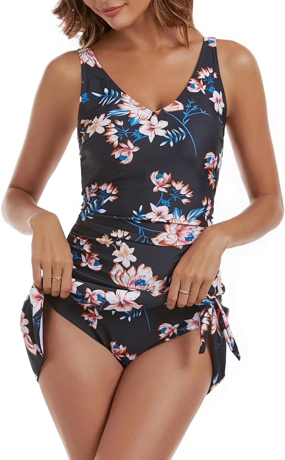 One Piece Swim Dress Swimsuits for Women Tummy Control Swimdress Skirt V Neck Bathing Suit