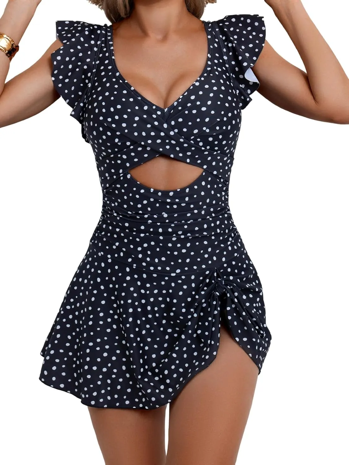 One Piece Swimdress Swimsuit for Women Tummy Control Ruffle Swim Dress Skirt V Neck Cutout Wrap Bathing Suit