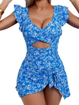 One Piece Swimdress Swimsuit for Women Tummy Control Ruffle Swim Dress Skirt V Neck Cutout Wrap Bathing Suit