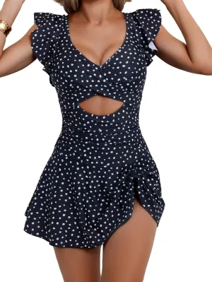 One Piece Swimdress Swimsuit for Women Tummy Control Ruffle Swim Dress Skirt V Neck Cutout Wrap Bathing Suit