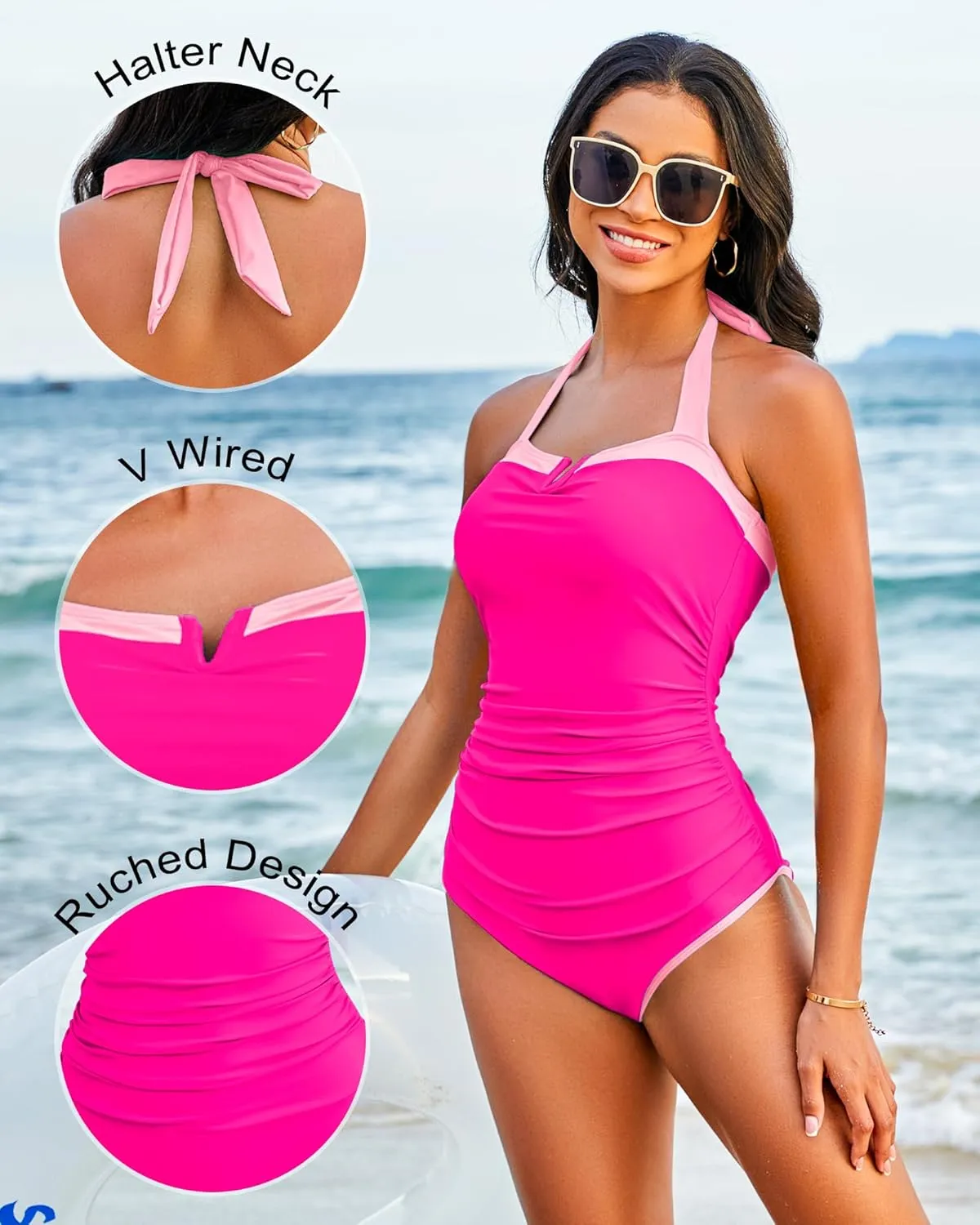 One Piece Swimsuit for Curvy Women - Tummy Control Bathing Suit Backless Color Block Halter Bandeau Modest Swimwear