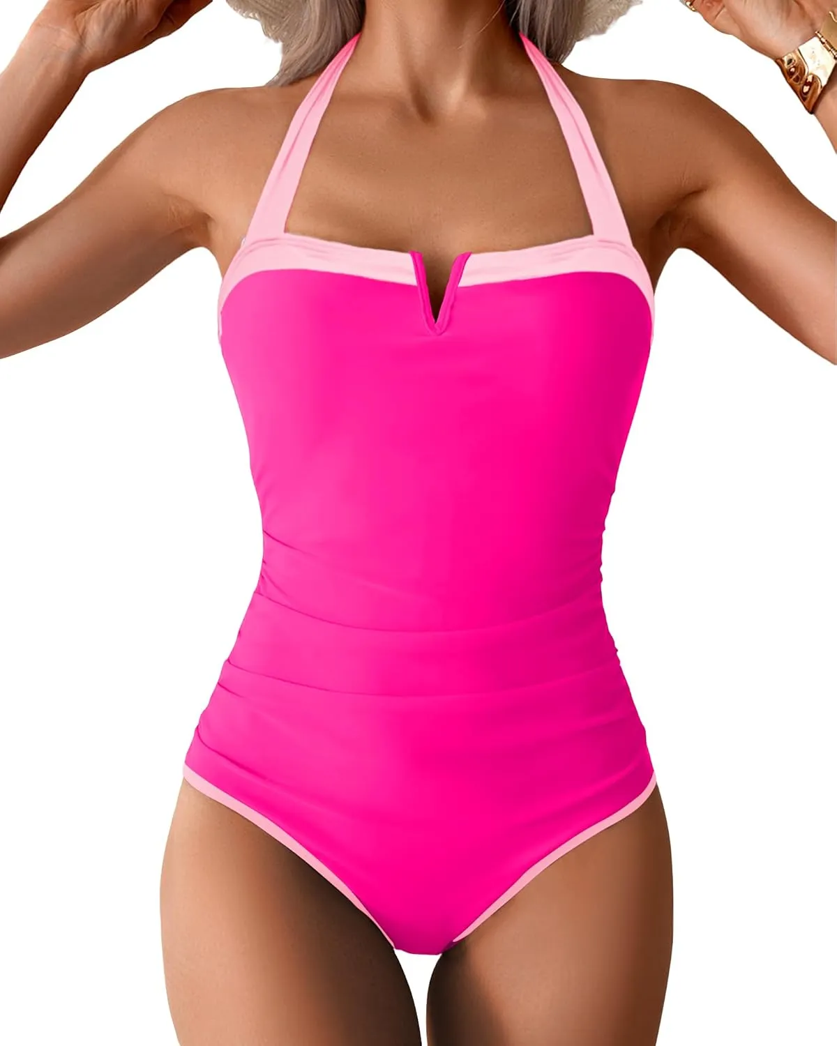 One Piece Swimsuit for Curvy Women - Tummy Control Bathing Suit Backless Color Block Halter Bandeau Modest Swimwear