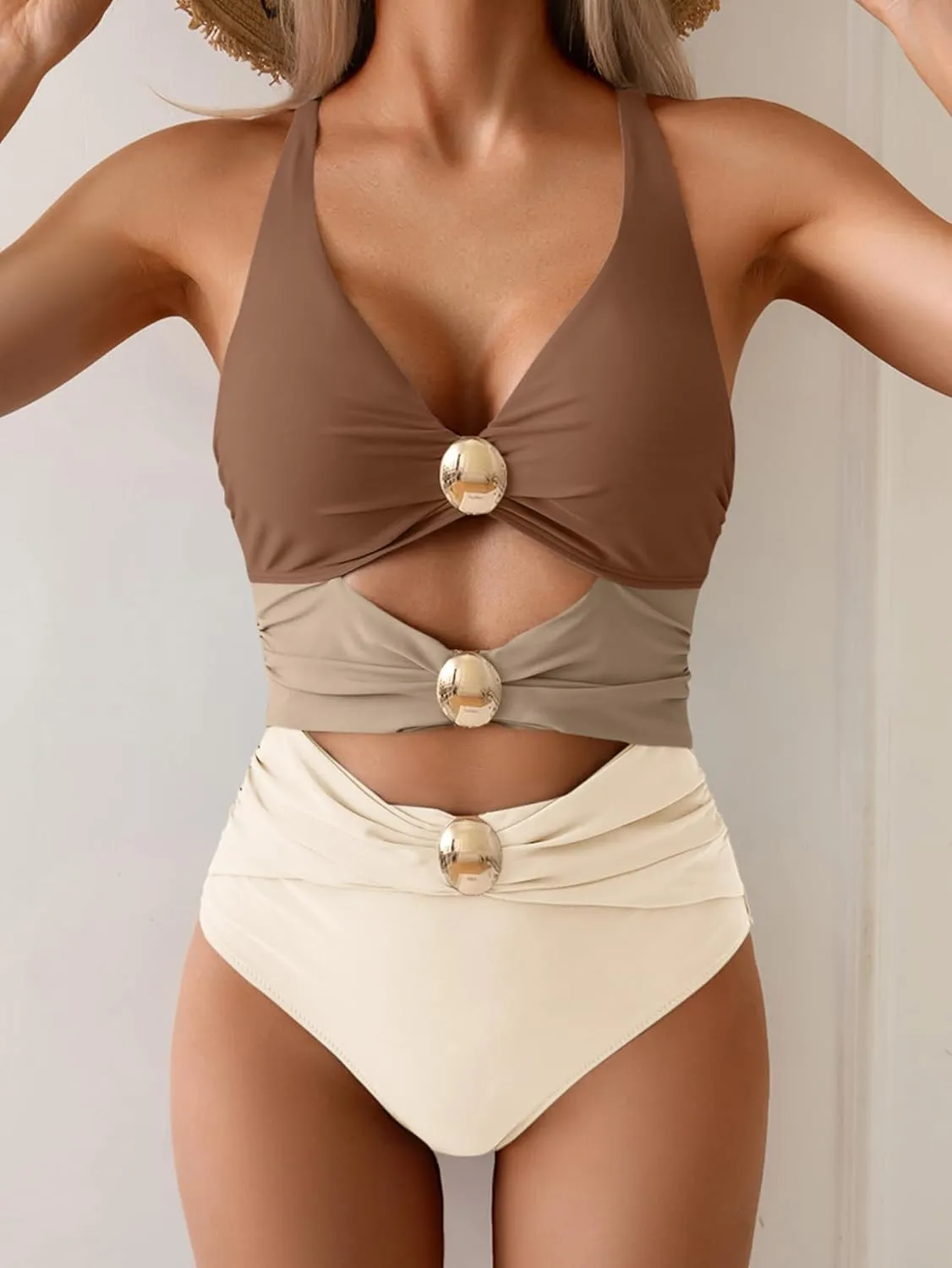 One Piece Swimsuit for Women Cutout Monokini Color Block Bathing Suit V Neck Sexy Swim Suit