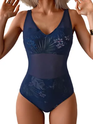 One Piece Swimsuit for Women Mesh Tummy Control Bathing Suit V Neck Slimming Swimwear
