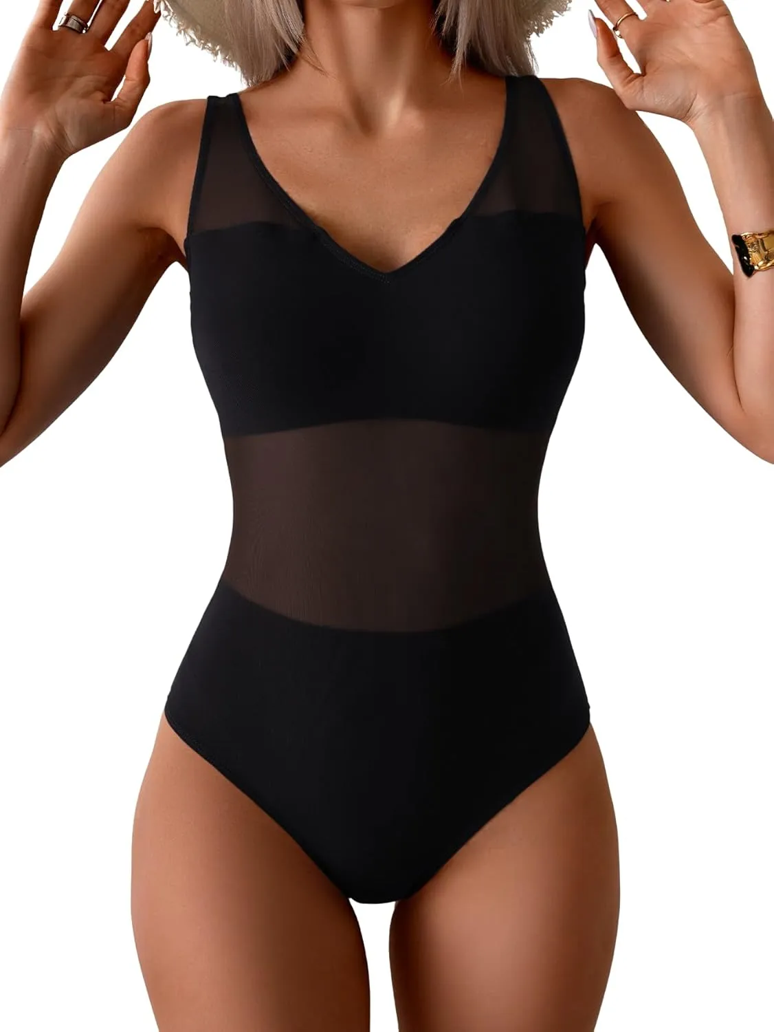 One Piece Swimsuit for Women Mesh Tummy Control Bathing Suit V Neck Slimming Swimwear