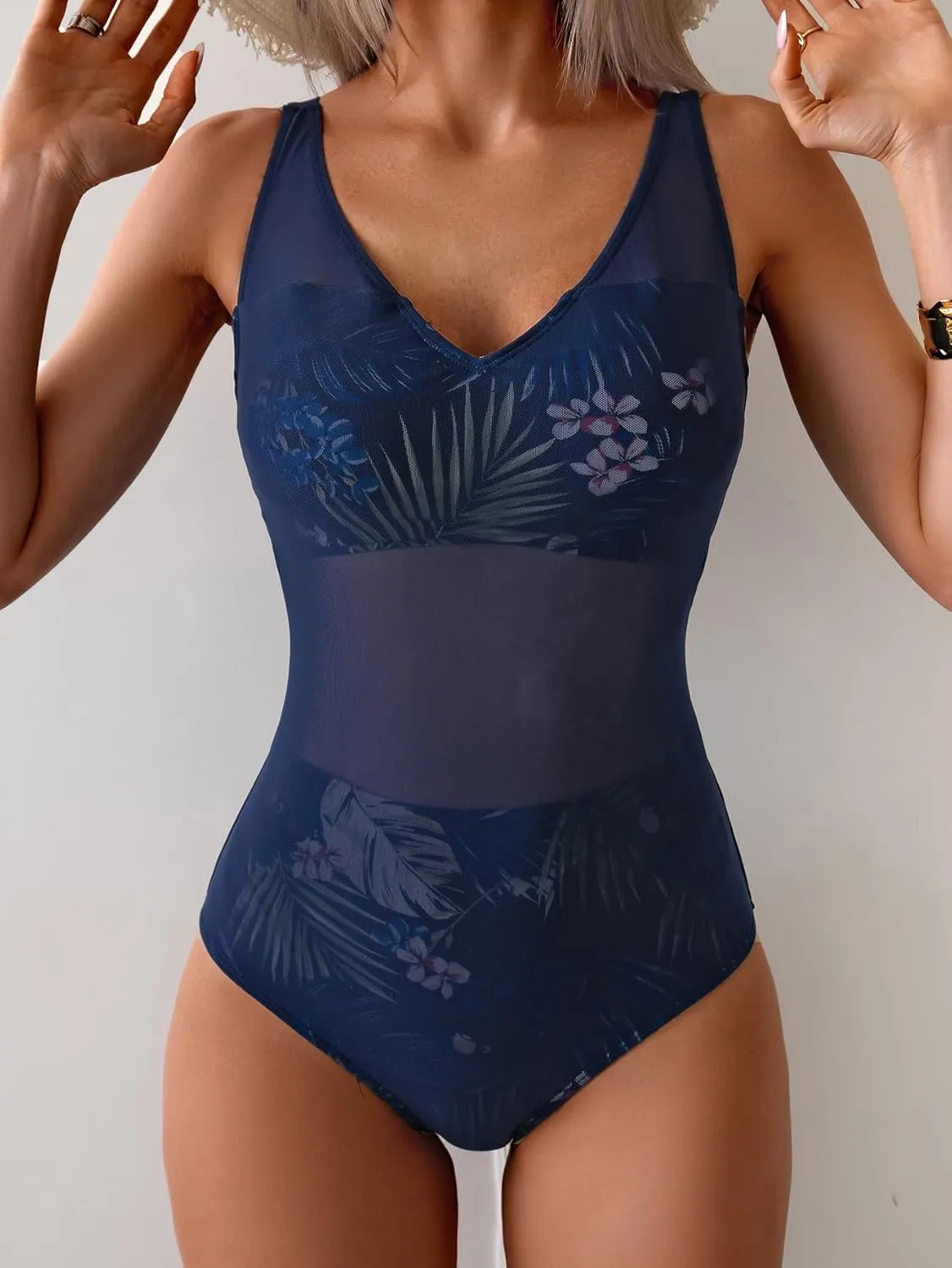One Piece Swimsuit for Women Mesh Tummy Control Bathing Suit V Neck Slimming Swimwear