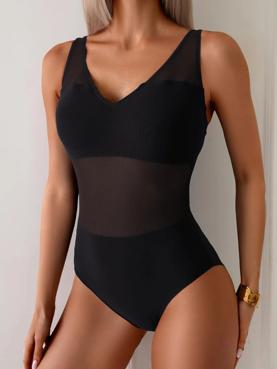 One Piece Swimsuit for Women Mesh Tummy Control Bathing Suit V Neck Slimming Swimwear