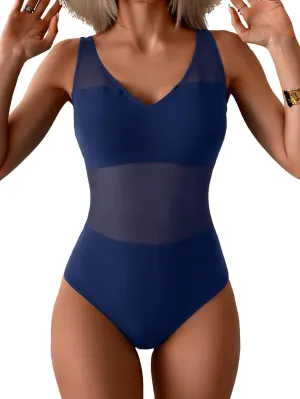 One Piece Swimsuit for Women Mesh Tummy Control Bathing Suit V Neck Slimming Swimwear