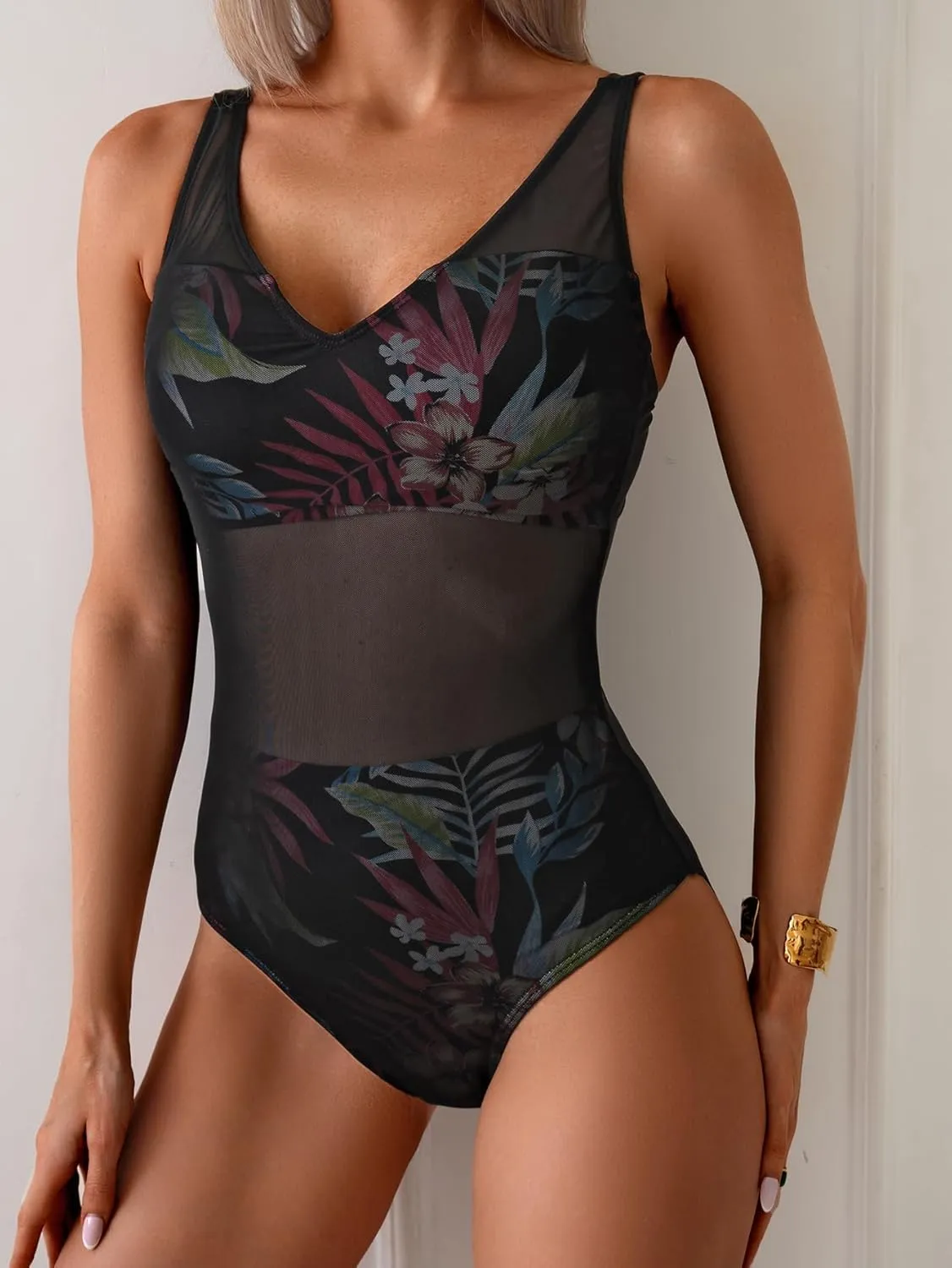 One Piece Swimsuit for Women Mesh Tummy Control Bathing Suit V Neck Slimming Swimwear