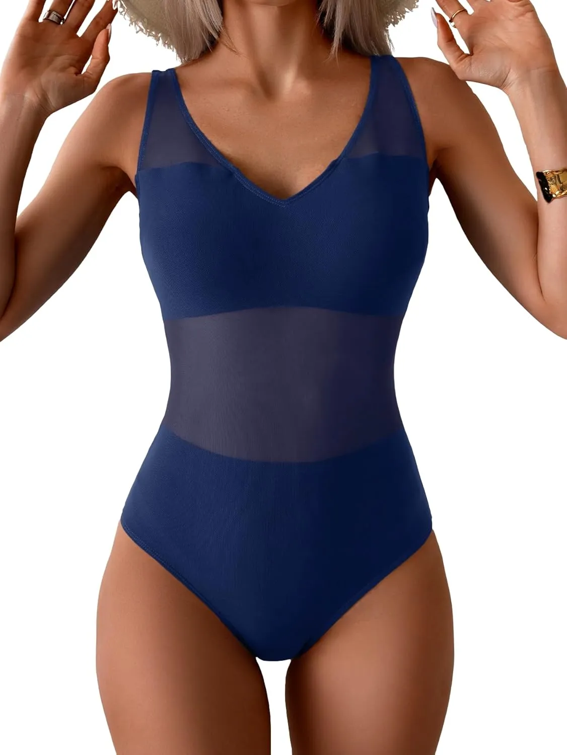One Piece Swimsuit for Women Mesh Tummy Control Bathing Suit V Neck Slimming Swimwear