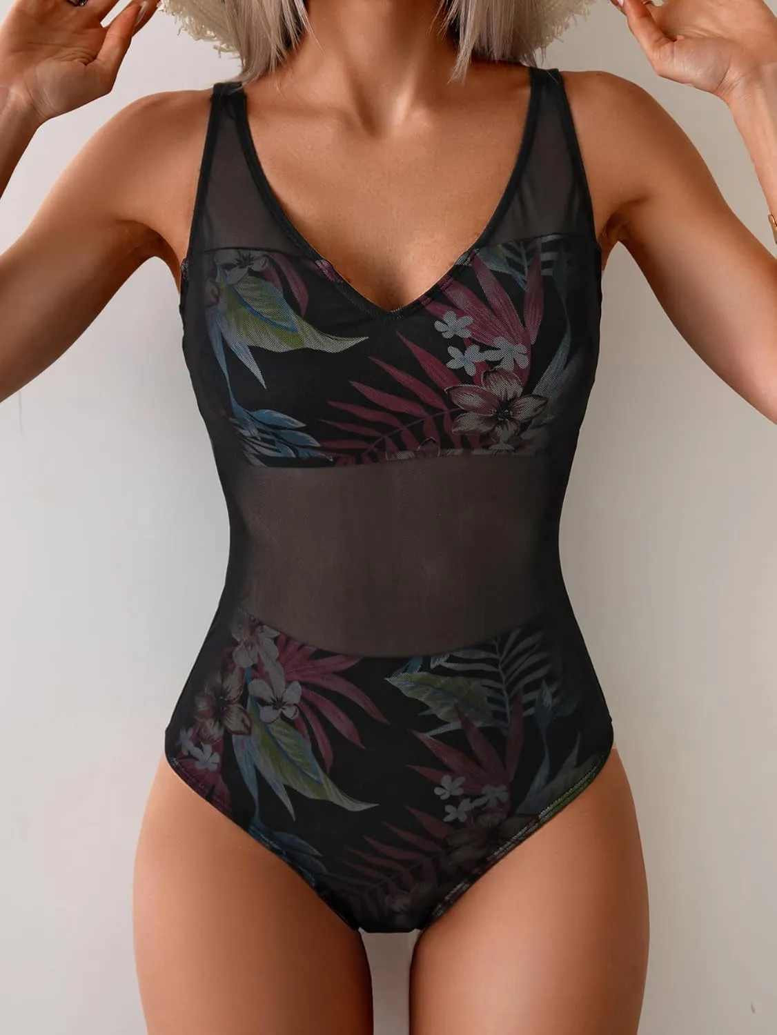 One Piece Swimsuit for Women Mesh Tummy Control Bathing Suit V Neck Slimming Swimwear