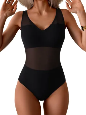 One Piece Swimsuit for Women Mesh Tummy Control Bathing Suit V Neck Slimming Swimwear