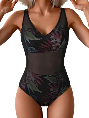 One Piece Swimsuit for Women Mesh Tummy Control Bathing Suit V Neck Slimming Swimwear
