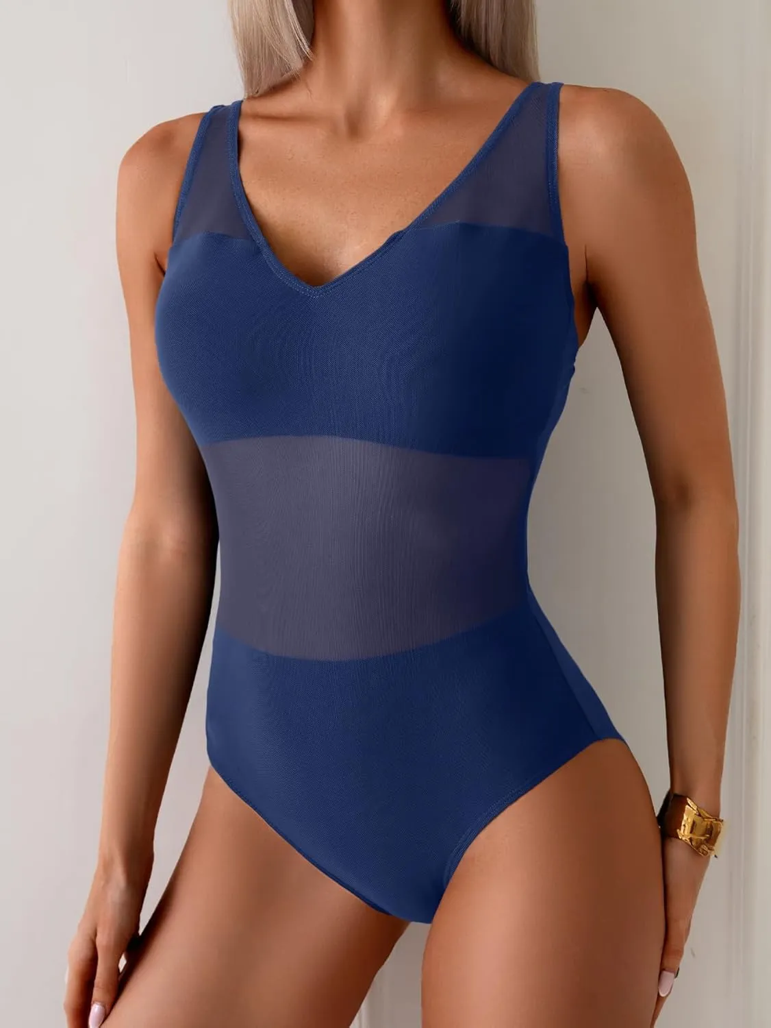 One Piece Swimsuit for Women Mesh Tummy Control Bathing Suit V Neck Slimming Swimwear