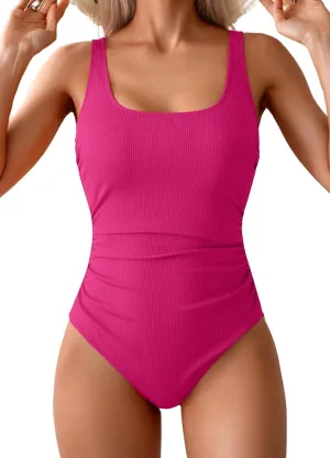 One Piece Swimsuit for Women Ribbed Tummy Control Bathing Suit Ruched Swim Suit Slimming Swimwear