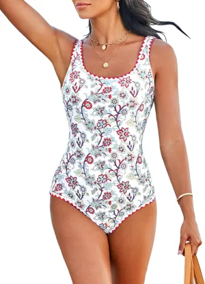 One Piece Swimsuit for Women Tummy Control Bathing Suit Full Coverage Modest Swim Suits Floral Teen Swimwear