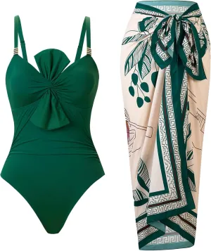One Piece Swimsuit for Women with Cover Up Set Retro Bathing Suit Tummy Control Knot Swimwear Beach Wrap Skirt