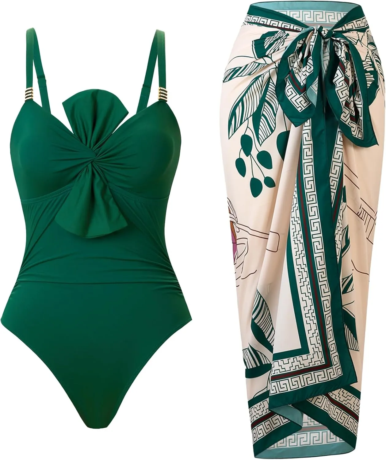 One Piece Swimsuit for Women with Cover Up Set Retro Bathing Suit Tummy Control Knot Swimwear Beach Wrap Skirt
