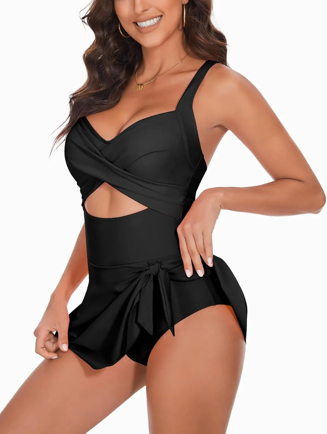 One Piece Swimsuit Women Tummy Control Swim Dress Sexy Criss Cross Tie Back Bathing Suit