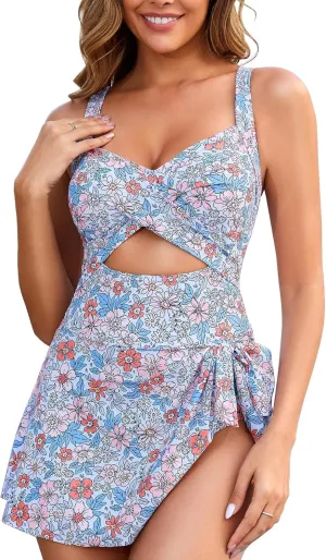 One Piece Swimsuit Women Tummy Control Swim Dress Sexy Criss Cross Tie Back Bathing Suit