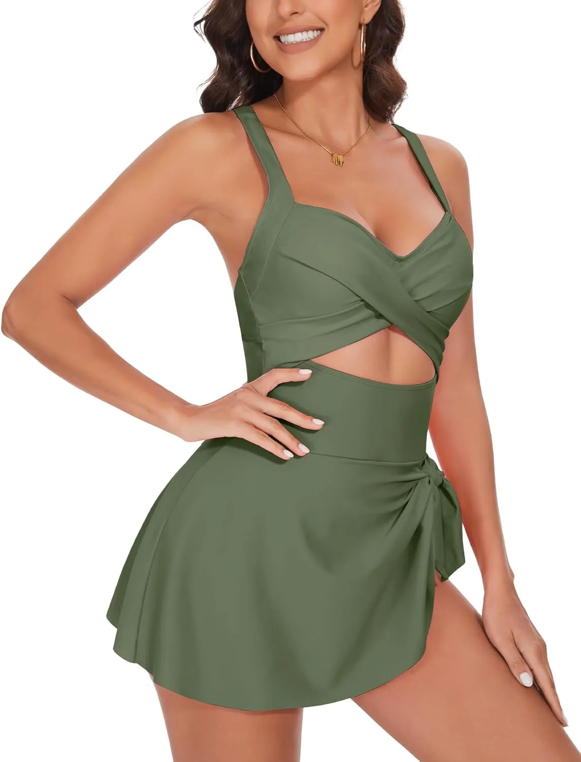 One Piece Swimsuit Women Tummy Control Swim Dress Sexy Criss Cross Tie Back Bathing Suit