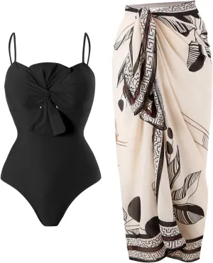 One Piece Swimsuit Women with Cover Up Set Retro Bathing Suit for Women Tummy Control Beach Wrap Skirt