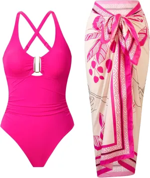 One Piece Swimsuit Women with Cover Up Set Retro Bathing Suit for Women Tummy Control Beach Wrap Skirt