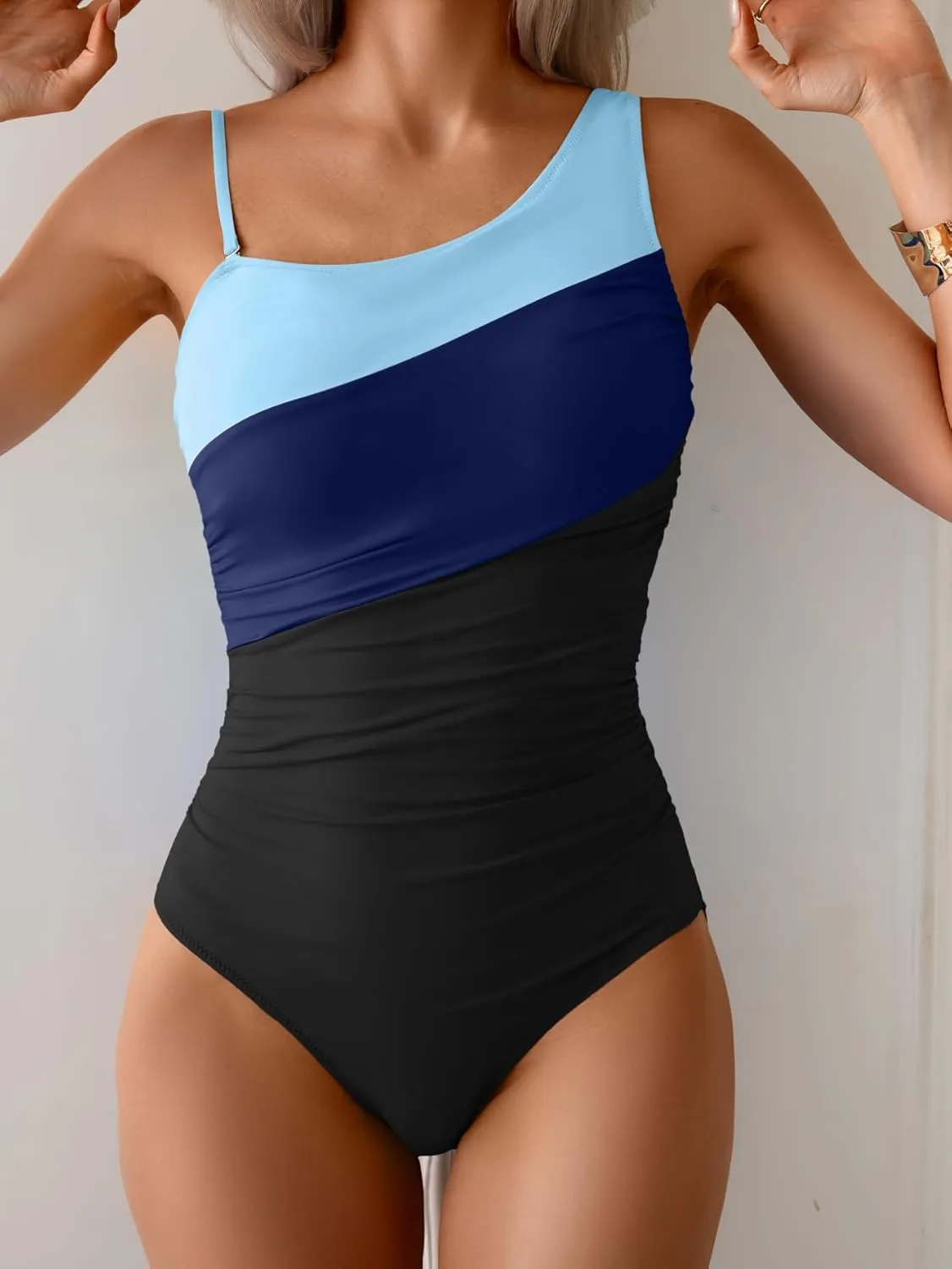 One Shoulder One Piece Swimsuit for Women Tummy Control Bathing Suits Color Block Ruched Swim Suit Slimming Swimwear