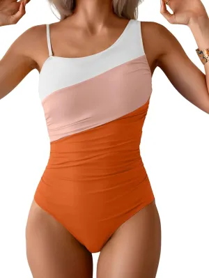 One Shoulder One Piece Swimsuit for Women Tummy Control Bathing Suits Color Block Ruched Swim Suit Slimming Swimwear