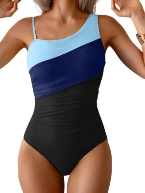One Shoulder One Piece Swimsuit for Women Tummy Control Bathing Suits Color Block Ruched Swim Suit Slimming Swimwear
