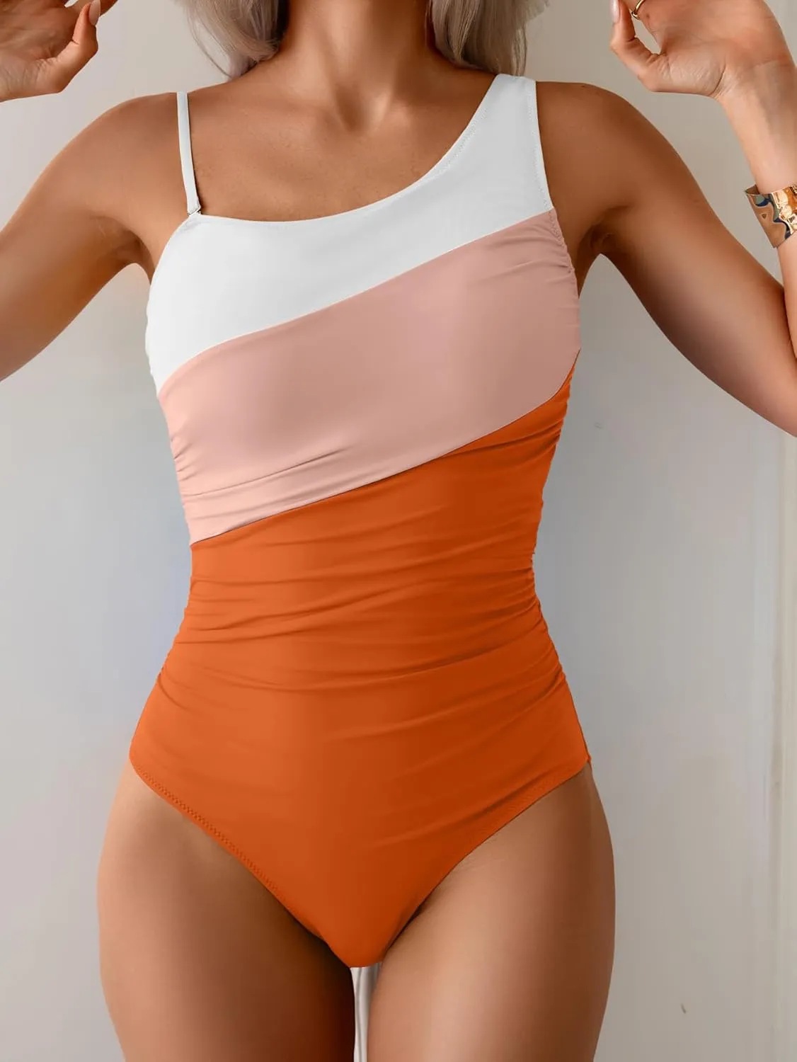 One Shoulder One Piece Swimsuit for Women Tummy Control Bathing Suits Color Block Ruched Swim Suit Slimming Swimwear