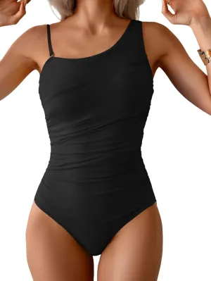 One Shoulder One Piece Swimsuit for Women Tummy Control Bathing Suits Color Block Ruched Swim Suit Slimming Swimwear