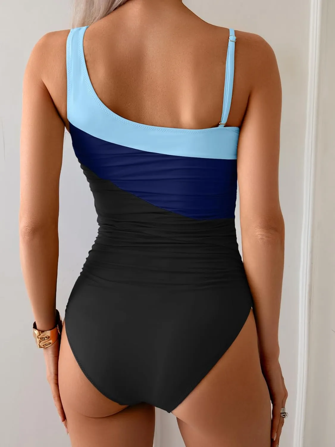 One Shoulder One Piece Swimsuit for Women Tummy Control Bathing Suits Color Block Ruched Swim Suit Slimming Swimwear