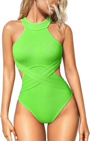 OQQ Women's One Piece Swimsuits Tummy Control High Waisted Cross Bathing Suit Wrap Tie Back 1 Piece Swimwear